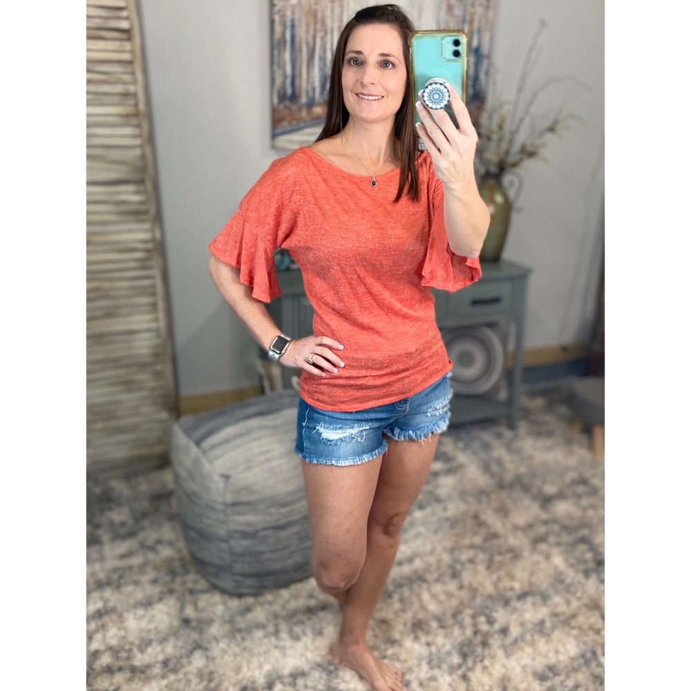 ❤️‍🔥Boat Neck Short Ruffle Bell Dolman Sleeve Top Coral 0922 - Picture 10 of 14